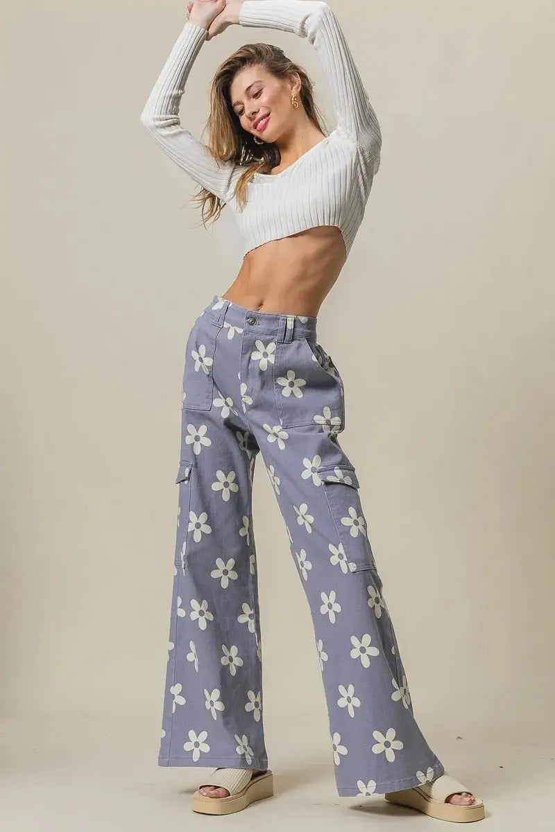 BiBi Flower Printed Side Pocket Wide Pants for Women - Love Salve 