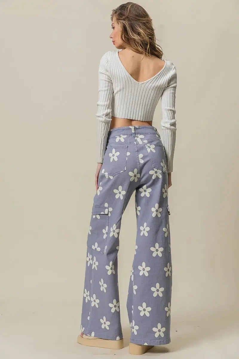 BiBi Flower Printed Side Pocket Wide Pants for Women - Love Salve 