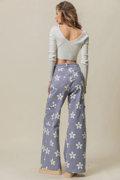 BiBi Flower Printed Side Pocket Wide Pants for Women - Love Salve 
