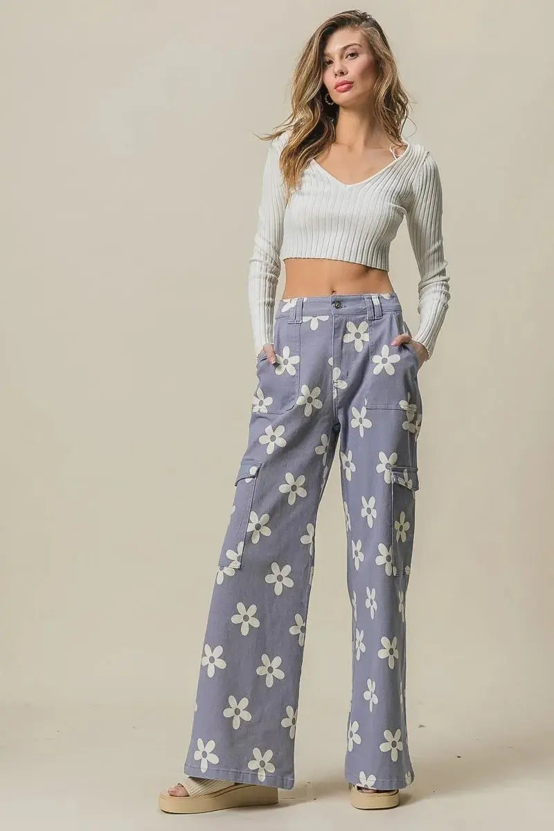 BiBi Flower Printed Side Pocket Wide Pants for Women - Love Salve 