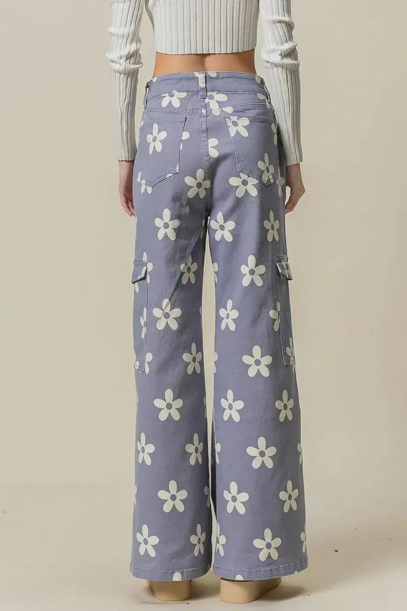 BiBi Flower Printed Side Pocket Wide Pants for Women - Love Salve 