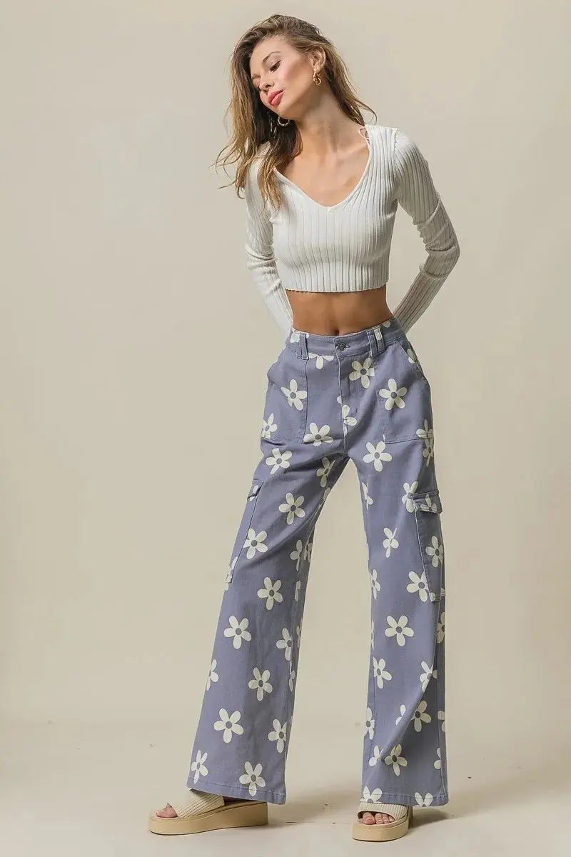 BiBi Flower Printed Side Pocket Wide Pants for Women - Love Salve 