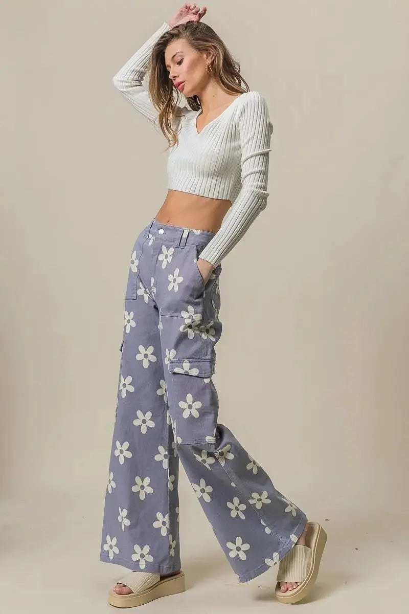 BiBi Flower Printed Side Pocket Wide Pants for Women - Love Salve 