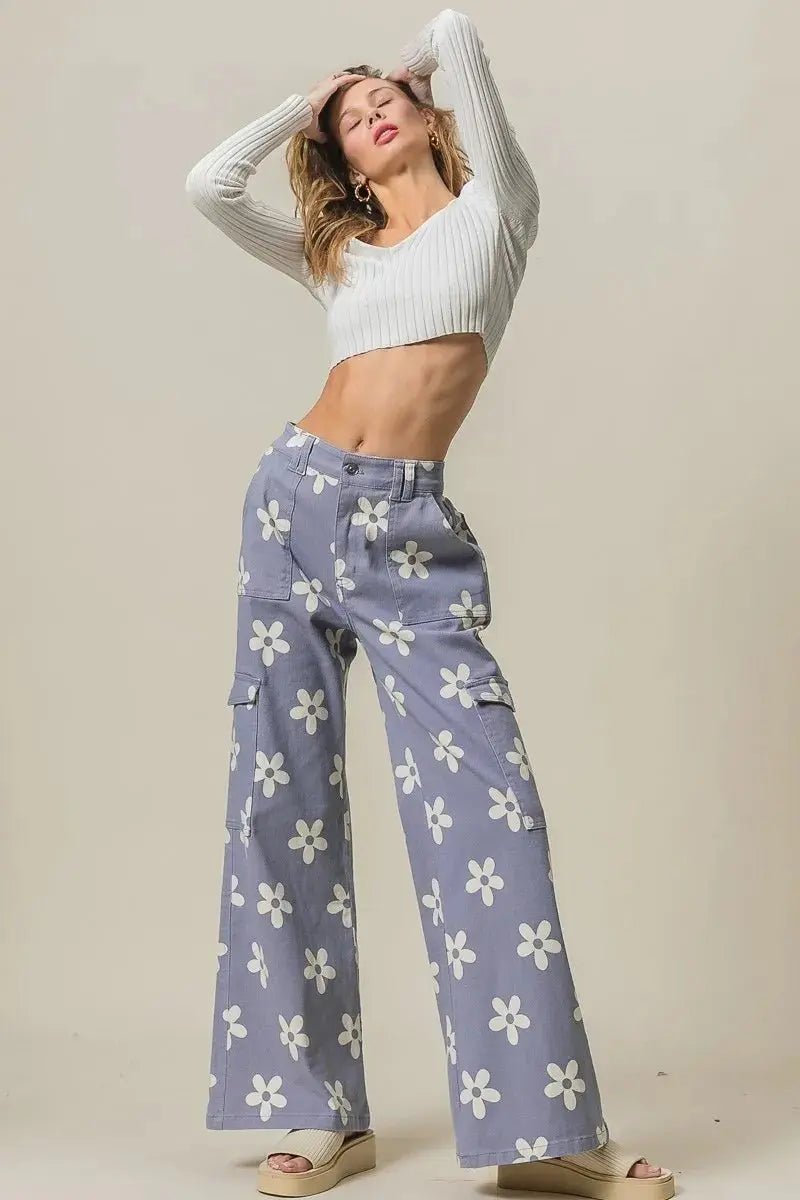 BiBi Flower Printed Side Pocket Wide Pants for Women - Love Salve 