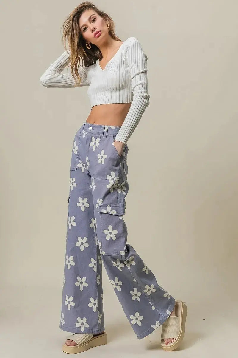 BiBi Flower Printed Side Pocket Wide Pants for Women - Love Salve 