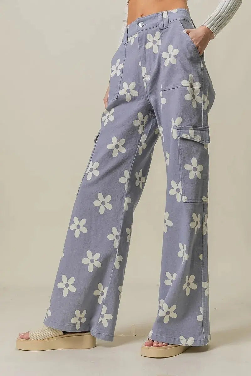 BiBi Flower Printed Side Pocket Wide Pants for Women - Love Salve 