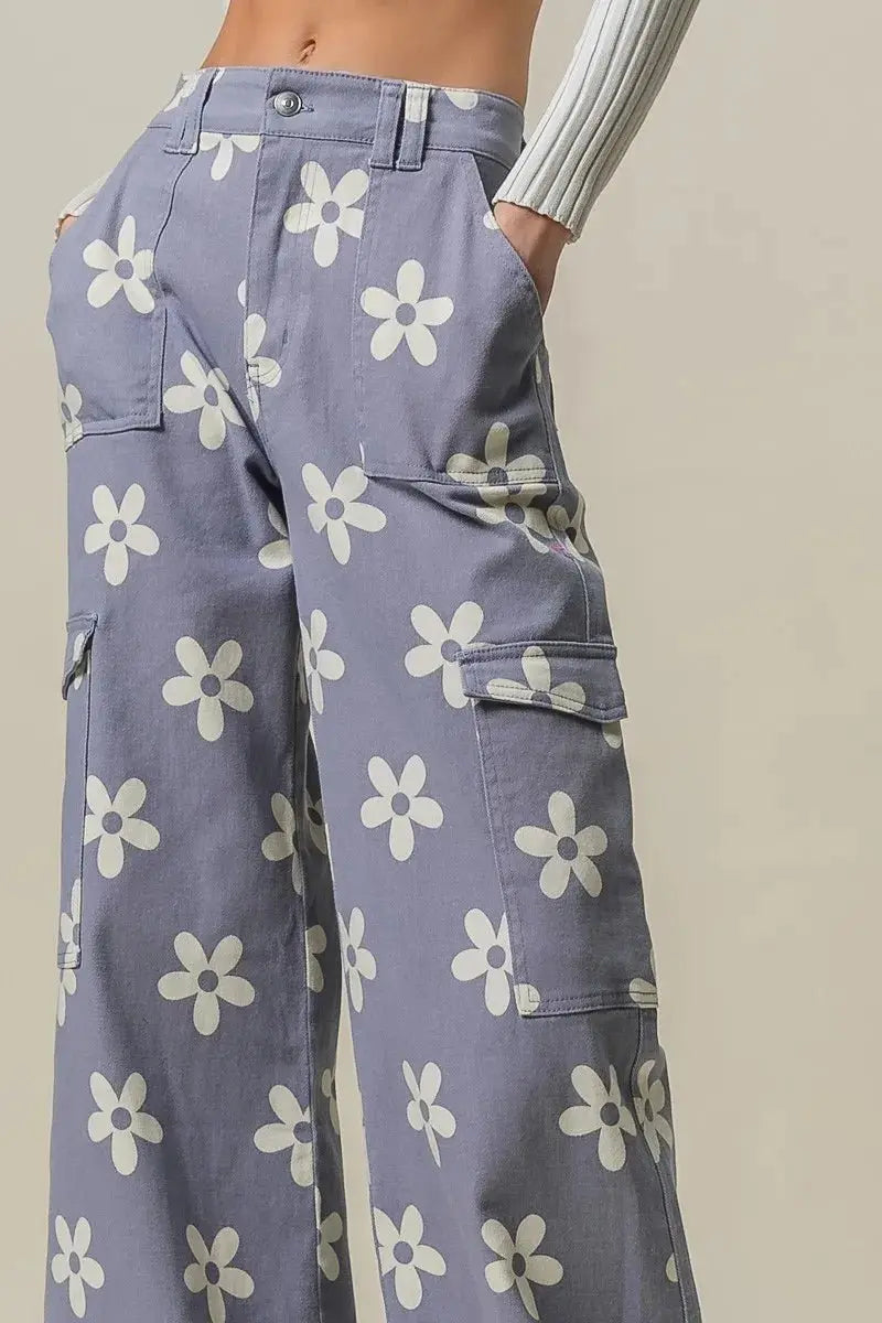 BiBi Flower Printed Side Pocket Wide Pants for Women - Love Salve 