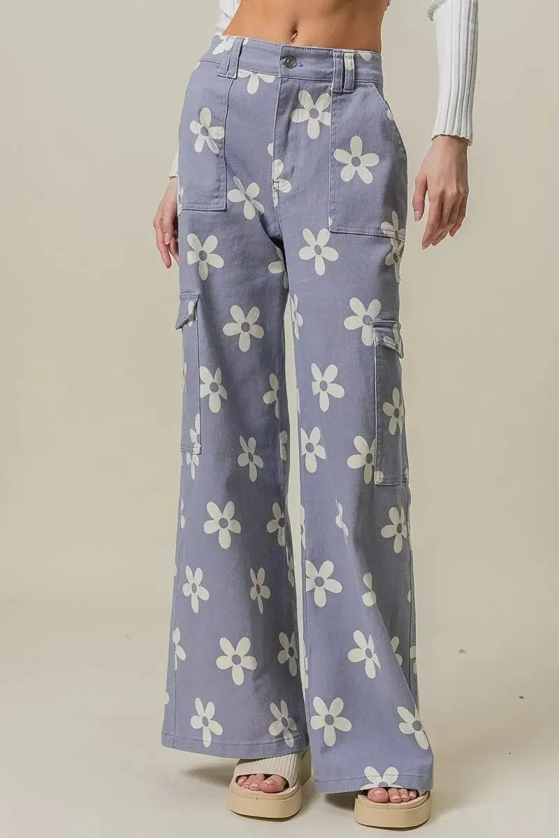 BiBi Flower Printed Side Pocket Wide Pants for Women - Love Salve 