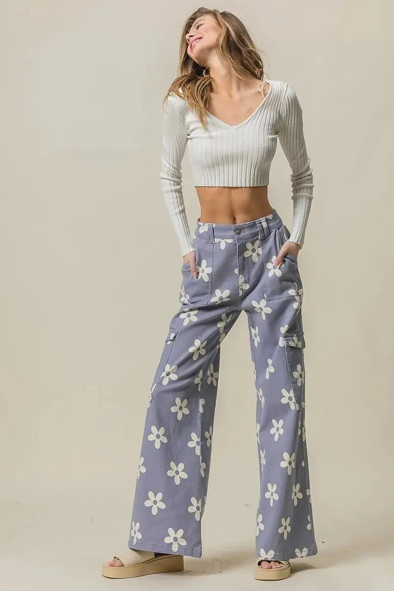 BiBi Flower Printed Side Pocket Wide Pants for Women - Love Salve 