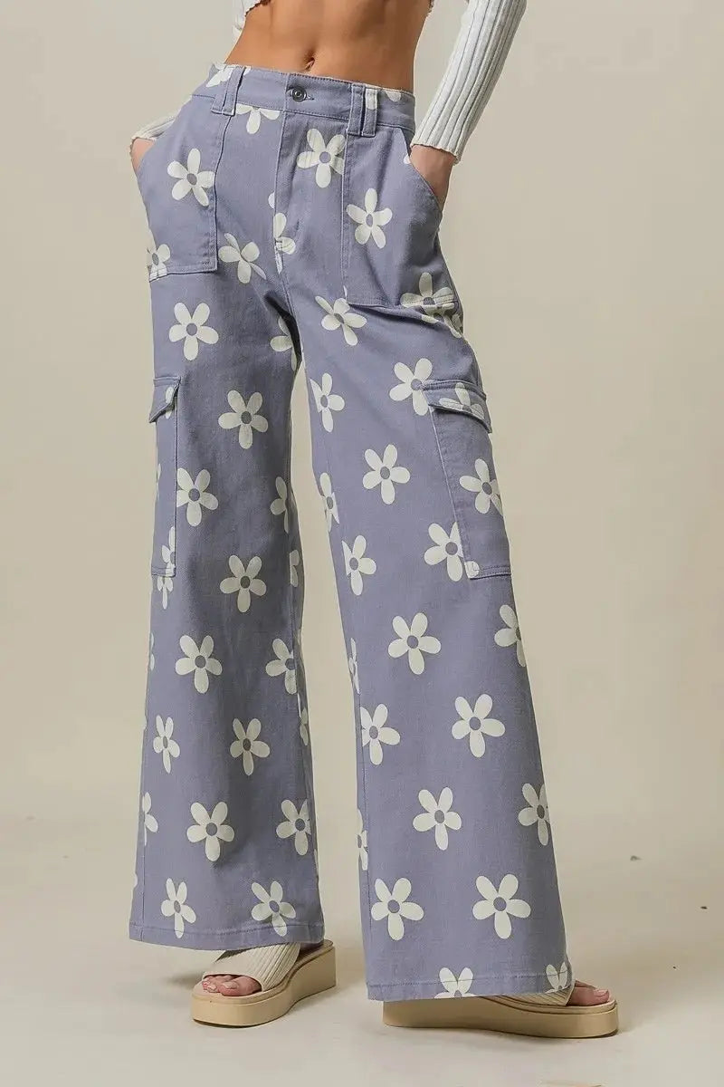 BiBi Flower Printed Side Pocket Wide Pants for Women - Love Salve 