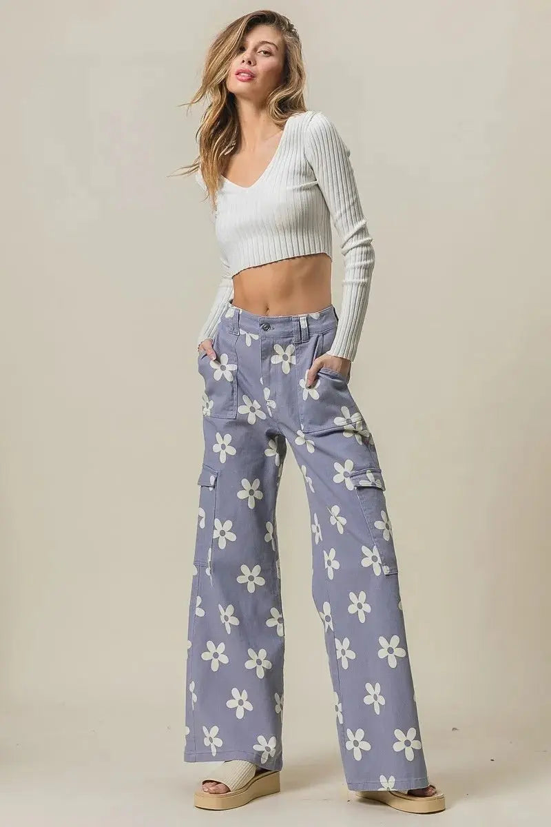 BiBi Flower Printed Side Pocket Wide Pants for Women - Love Salve 