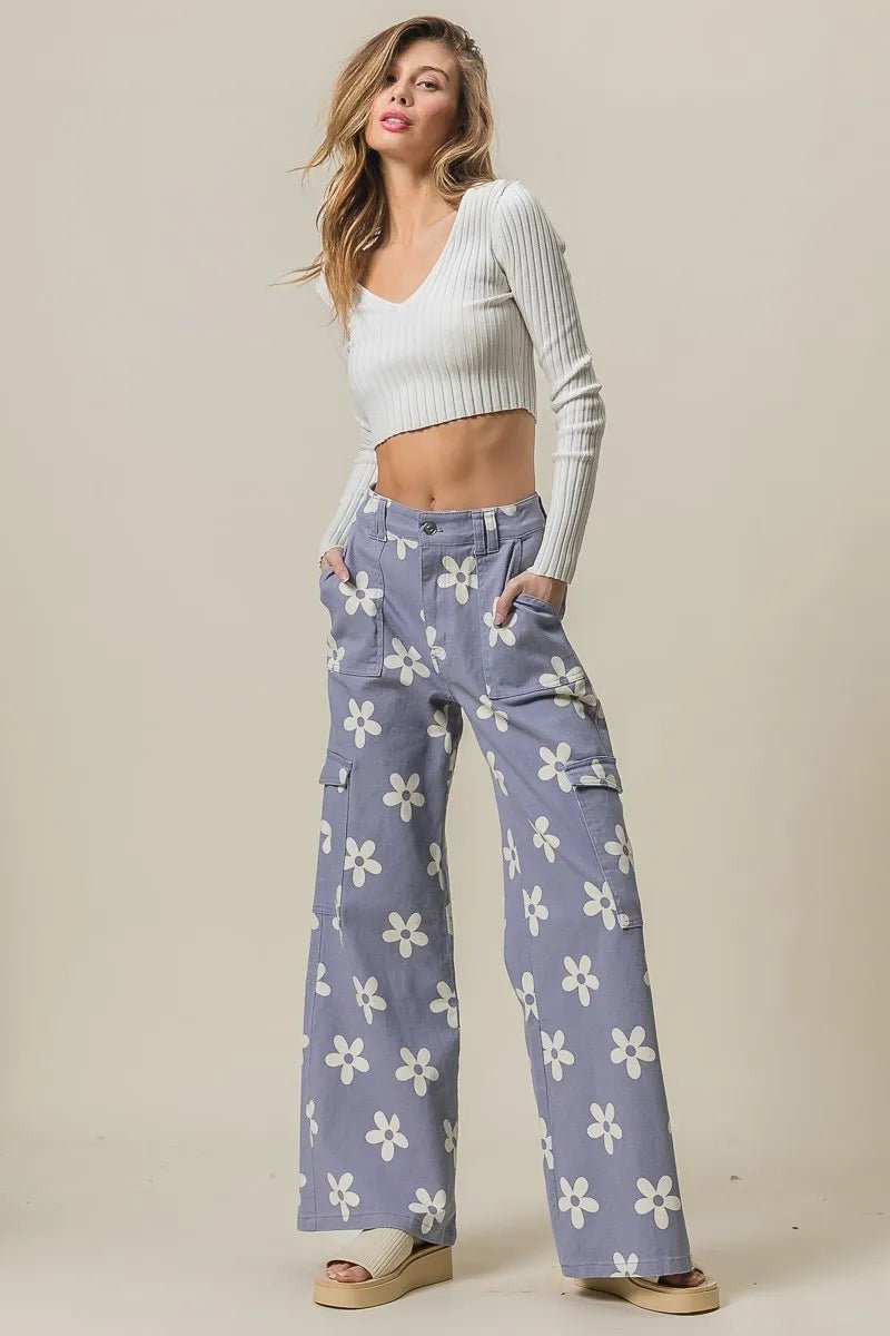 BiBi Flower Printed Side Pocket Wide Pants for Women - Love Salve 