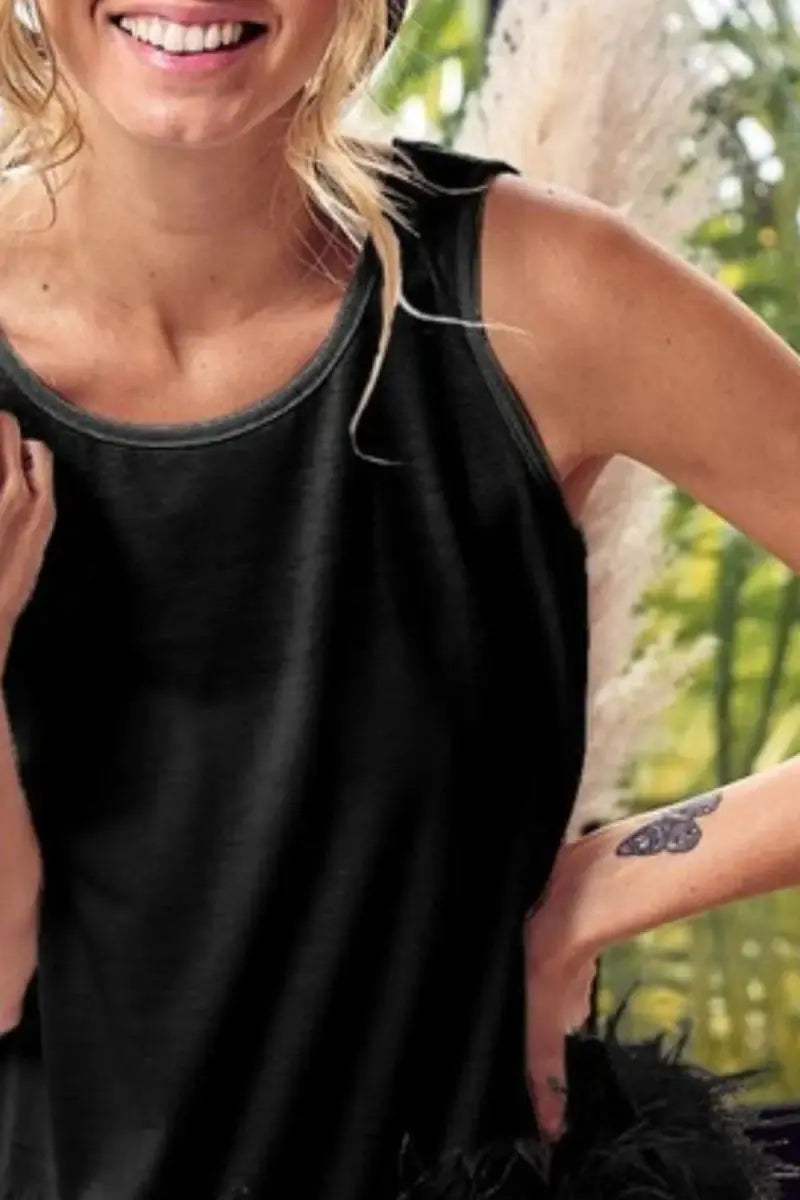 BiBi French Terry Faux Feather Bottom Back Tied Top - Love Salve 