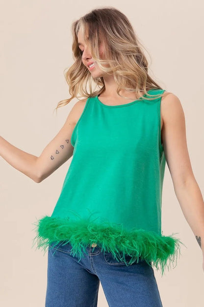 BiBi French Terry Faux Feather Bottom Back Tied Top Fashion - Love Salve 