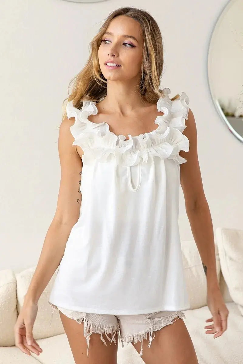 BiBi French Terry Knit Ruffled Trim Banded Top for Women - Love Salve 