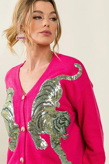 BiBi Front Tiger Sequin Patch V - neck Sweater Cardigan - Love Salve