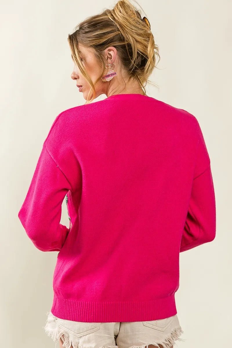 BiBi Front Tiger Sequin Patch V - neck Sweater Cardigan - Love Salve