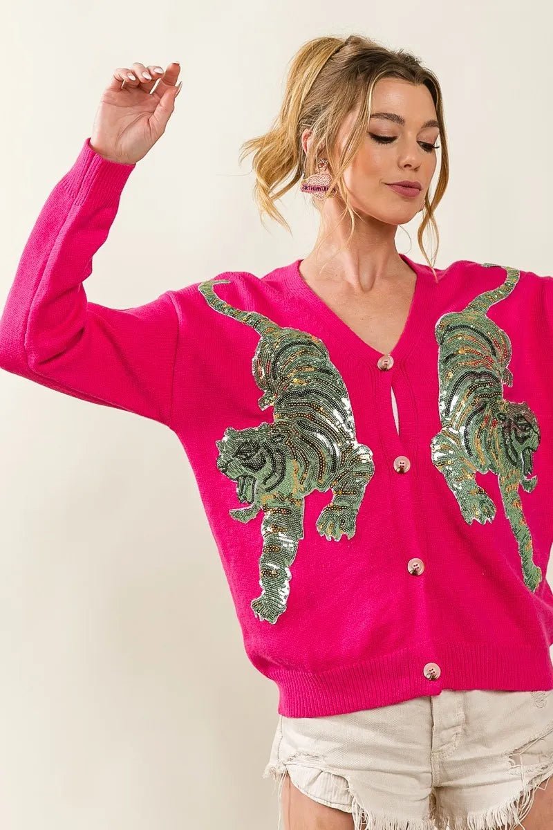 BiBi Front Tiger Sequin Patch V - neck Sweater Cardigan - Love Salve