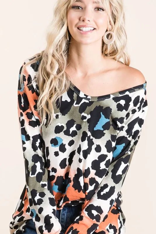 BiBi Gradation Leopard Print Soft Knit Deep U Neck Top - Love Salve