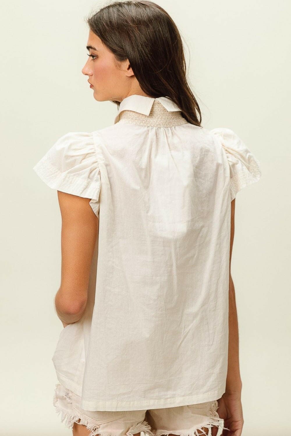 BiBi Half Button Collared Neck Short Sleeve Top - Love Salve