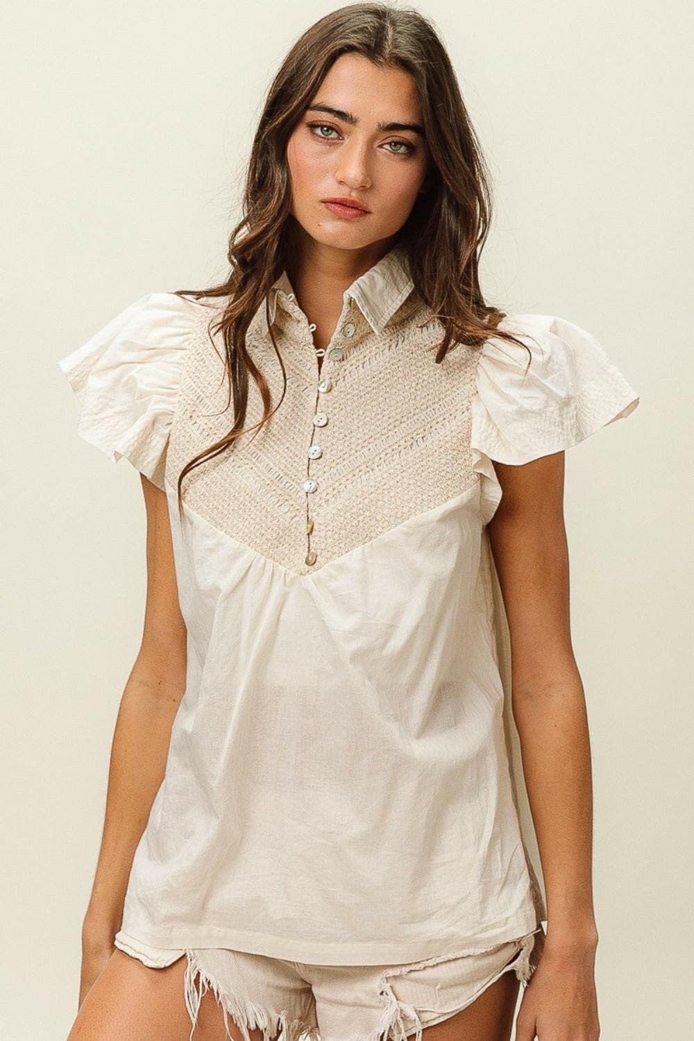 BiBi Half Button Collared Neck Short Sleeve Top - Love Salve