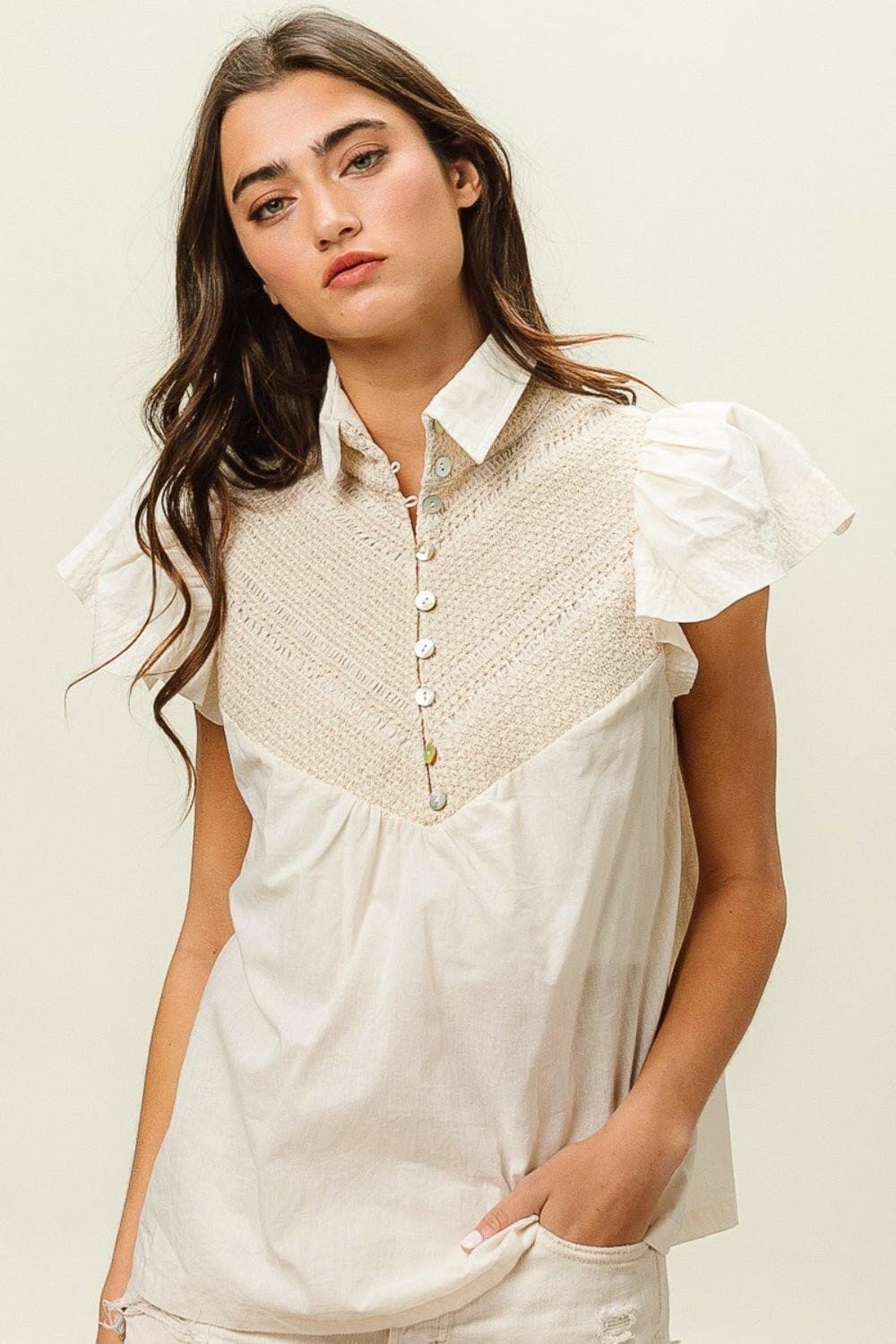 BiBi Half Button Collared Neck Short Sleeve Top - Love Salve