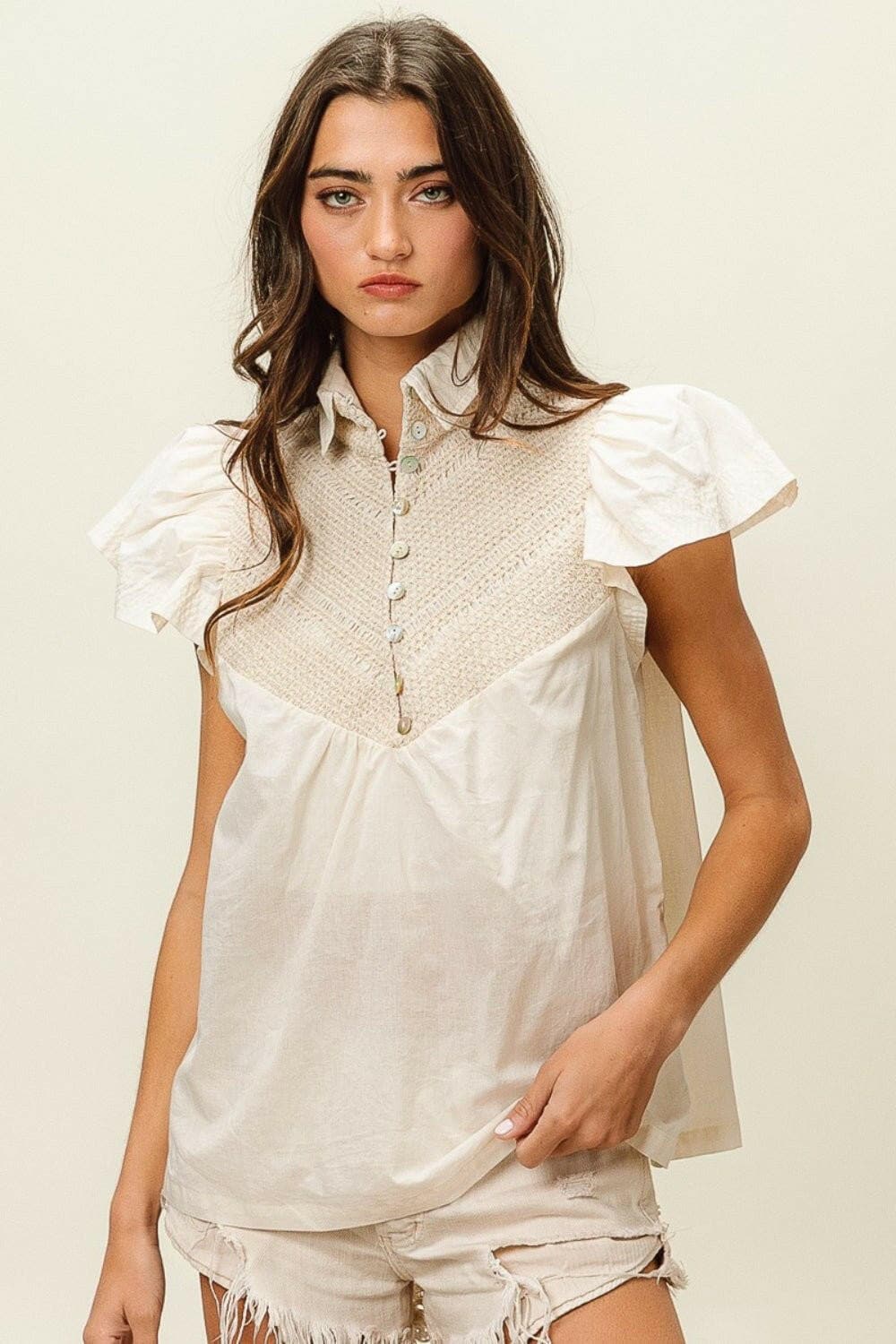 BiBi Half Button Collared Neck Short Sleeve Top - Love Salve