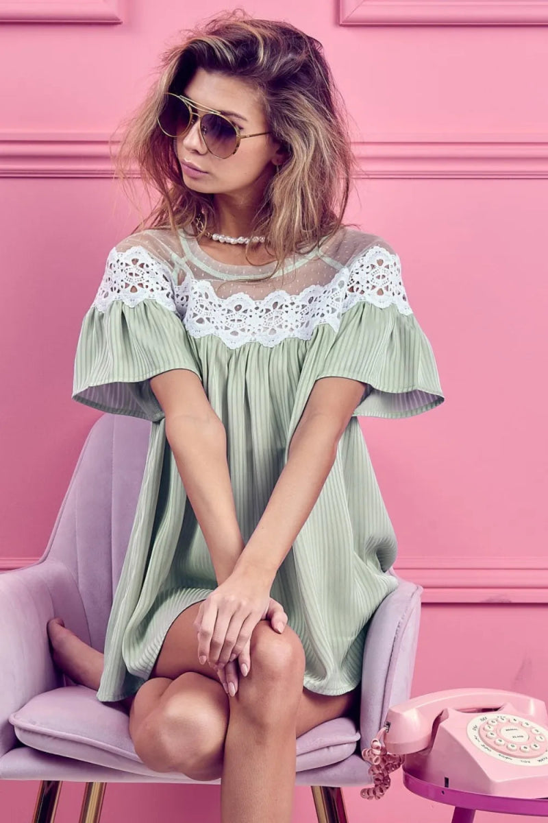 BiBi Lace Detail Short Sleeve Striped Blouse for Women - Love Salve 