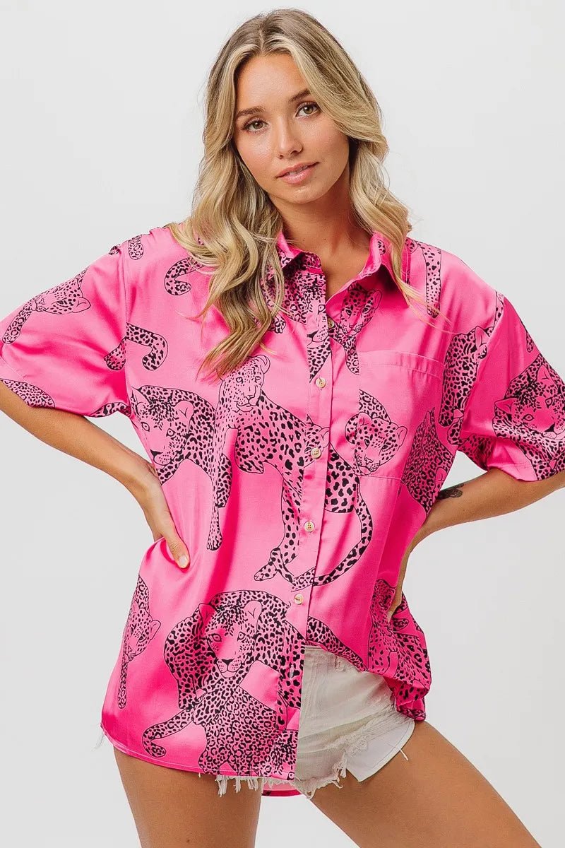 BiBi Leopard Print Short Sleeve Silky Satin Shirt Top - Love Salve 