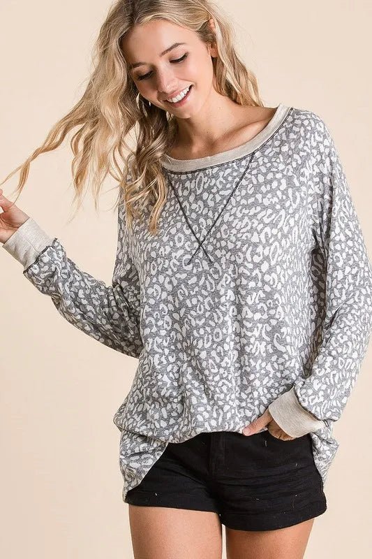 BiBi Leopard Round Neck Long Sleeve T-Shirt for Women - Love Salve 