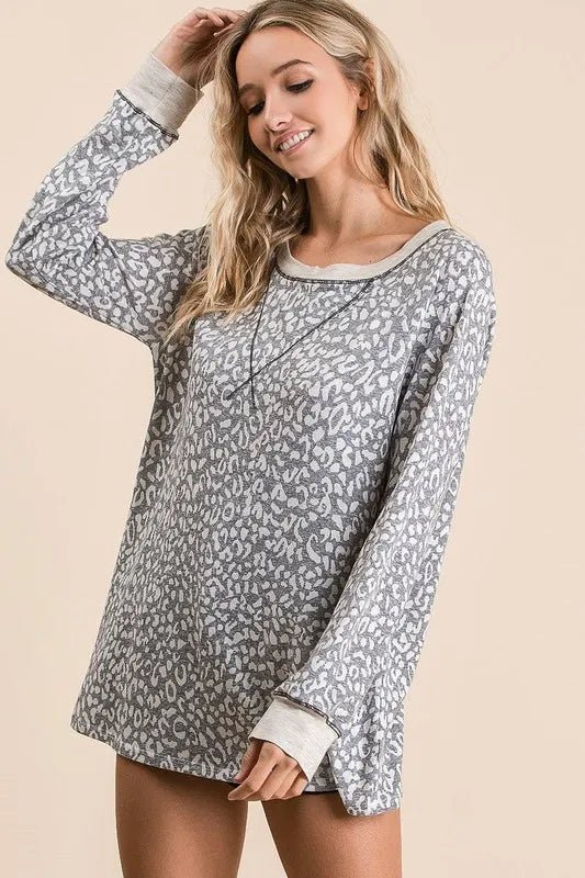 BiBi Leopard Round Neck Long Sleeve T-Shirt for Women - Love Salve 