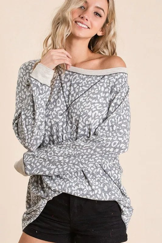 BiBi Leopard Round Neck Long Sleeve T-Shirt for Women - Love Salve 