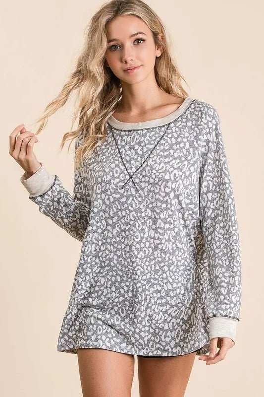 BiBi Leopard Round Neck Long Sleeve T-Shirt for Women - Love Salve 