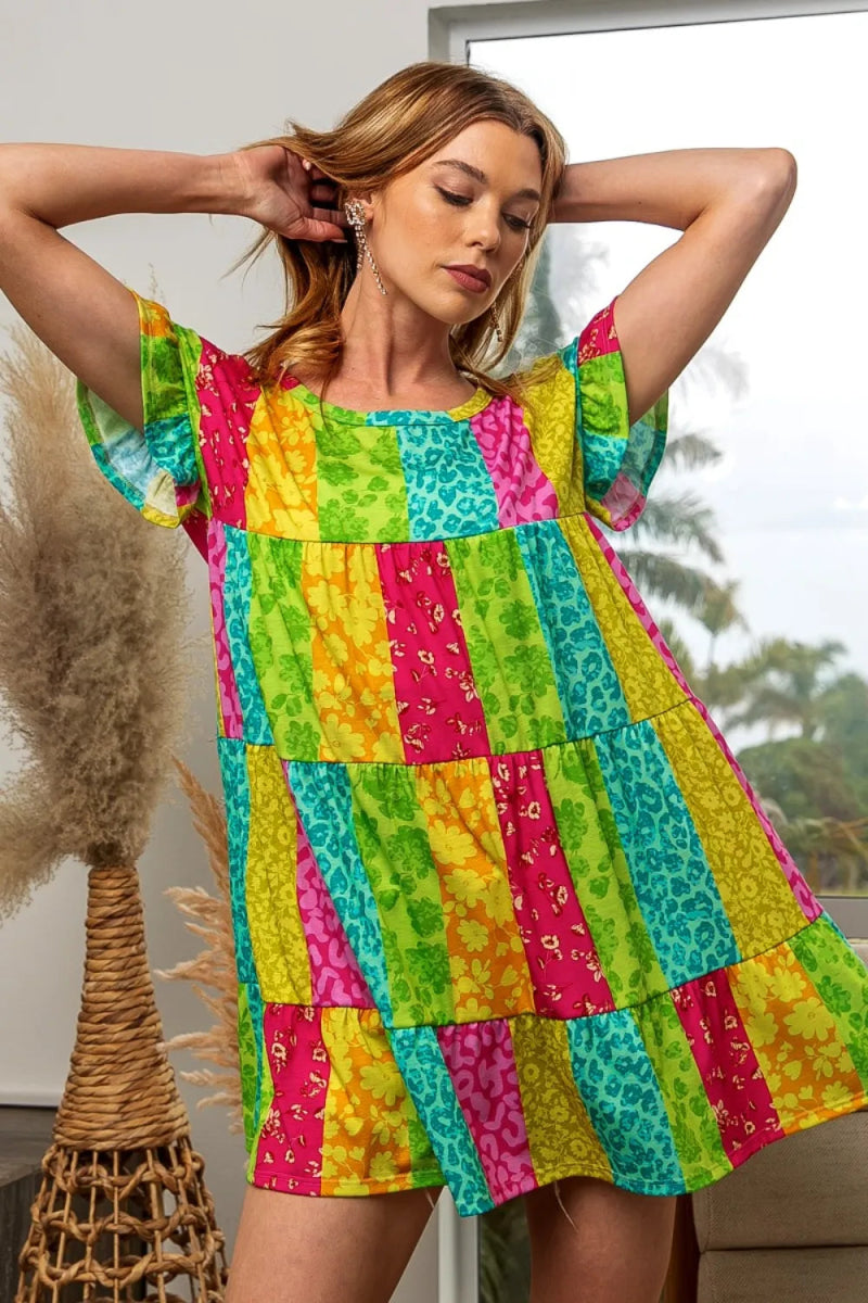 BiBi Leopard Short Sleeve Tiered Dress for Stylish Women - Love Salve