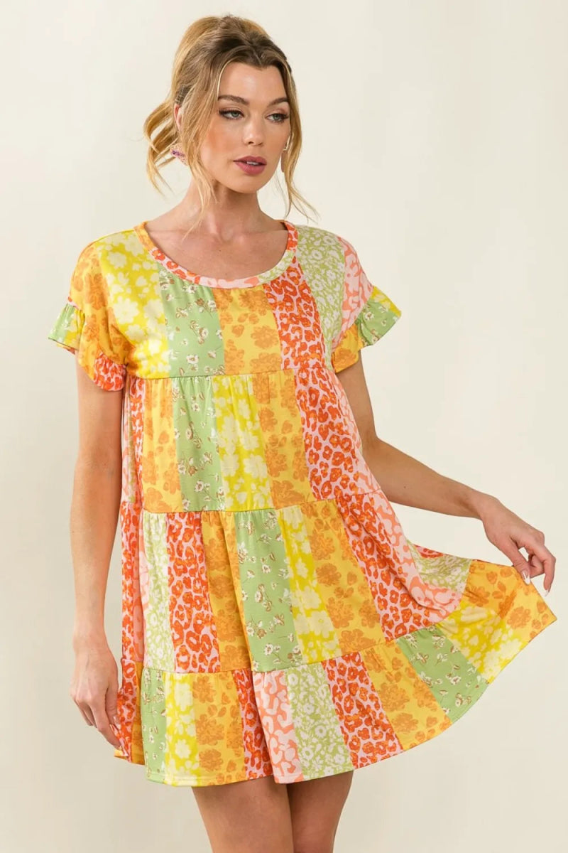 BiBi Leopard Short Sleeve Tiered Dress for Trendy Style - Love Salve 