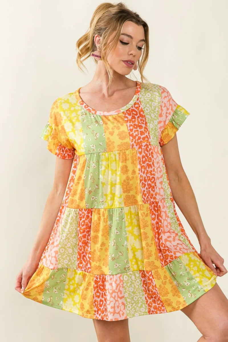 BiBi Leopard Short Sleeve Tiered Dress for Trendy Style - Love Salve
