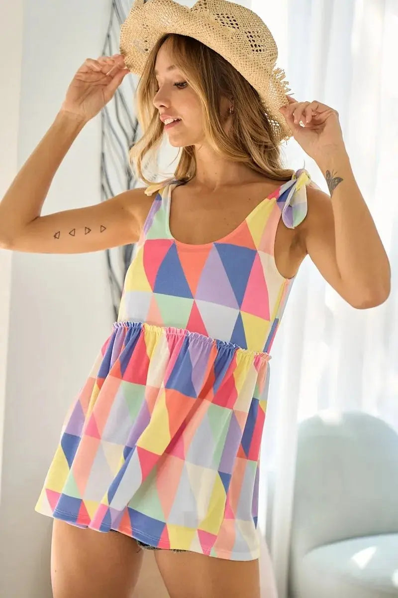 BiBi Multi Color Block Bruhsed Tied Ribbon Shoulder Top - Love Salve 