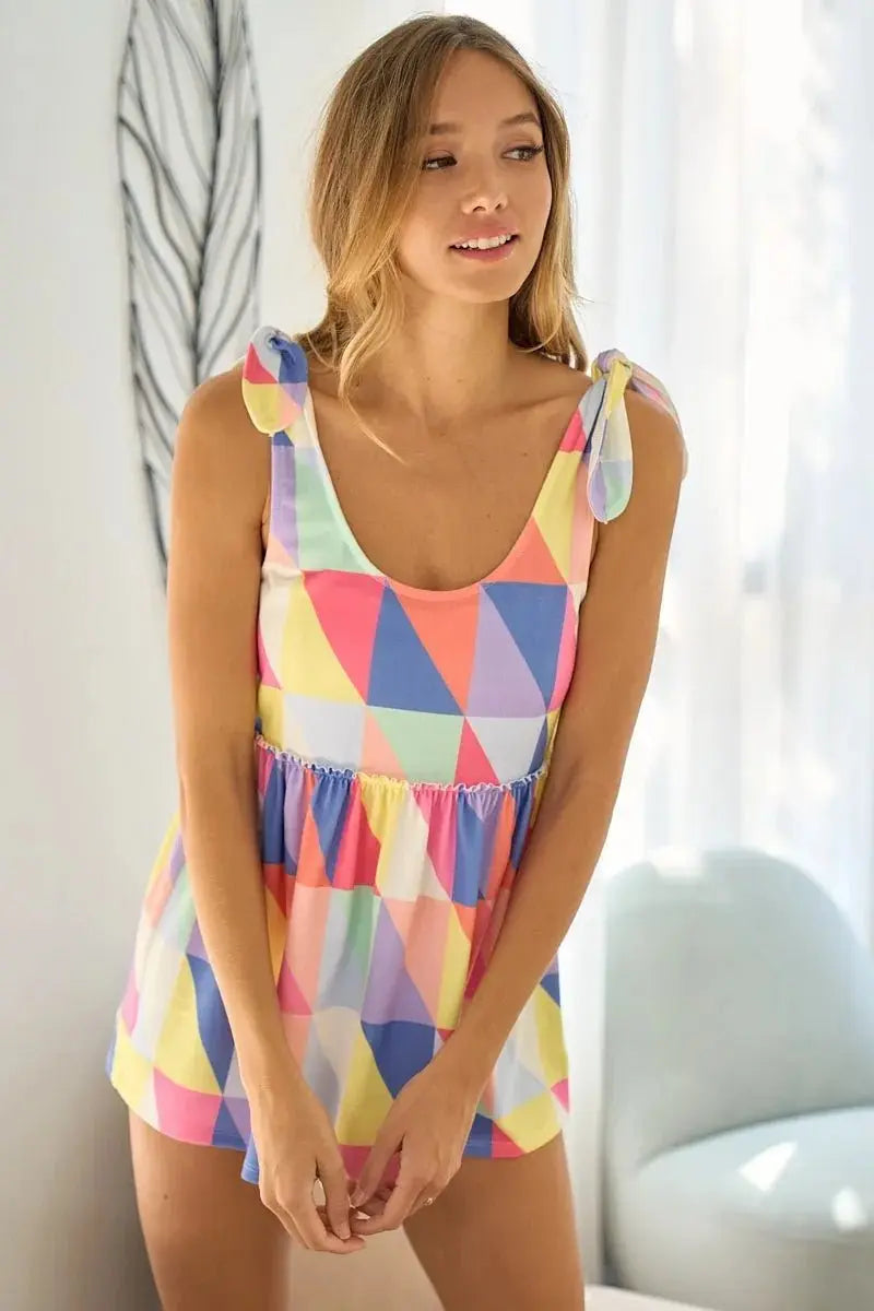 BiBi Multi Color Block Bruhsed Tied Ribbon Shoulder Top - Love Salve 