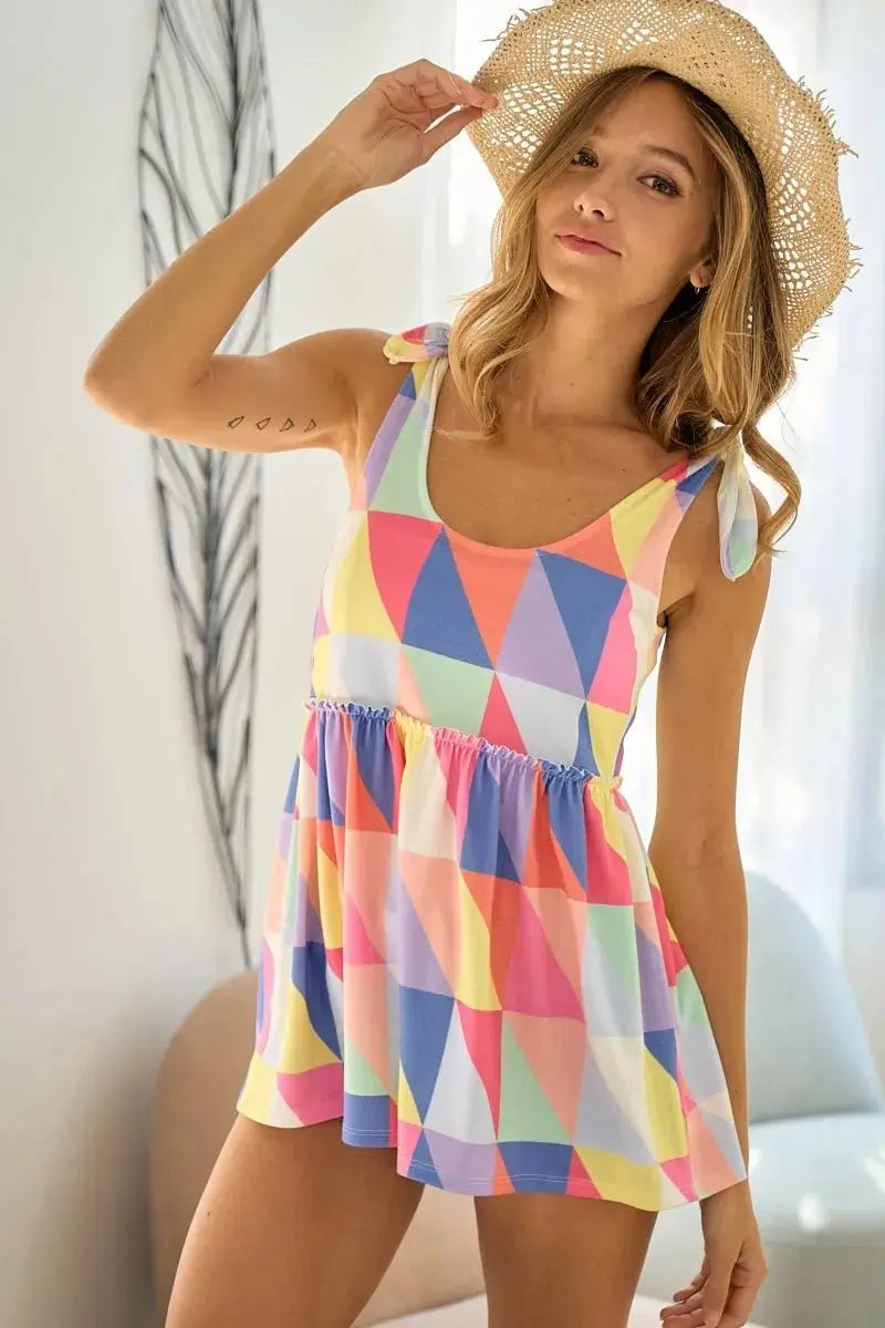 BiBi Multi Color Block Bruhsed Tied Ribbon Shoulder Top - Love Salve 