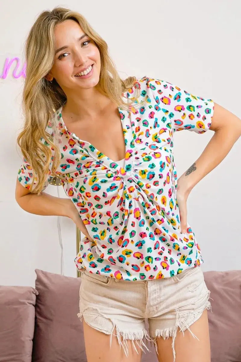 BiBi Multi Color Leopard Jersey Shirred V Neck Top For Women - Love Salve 