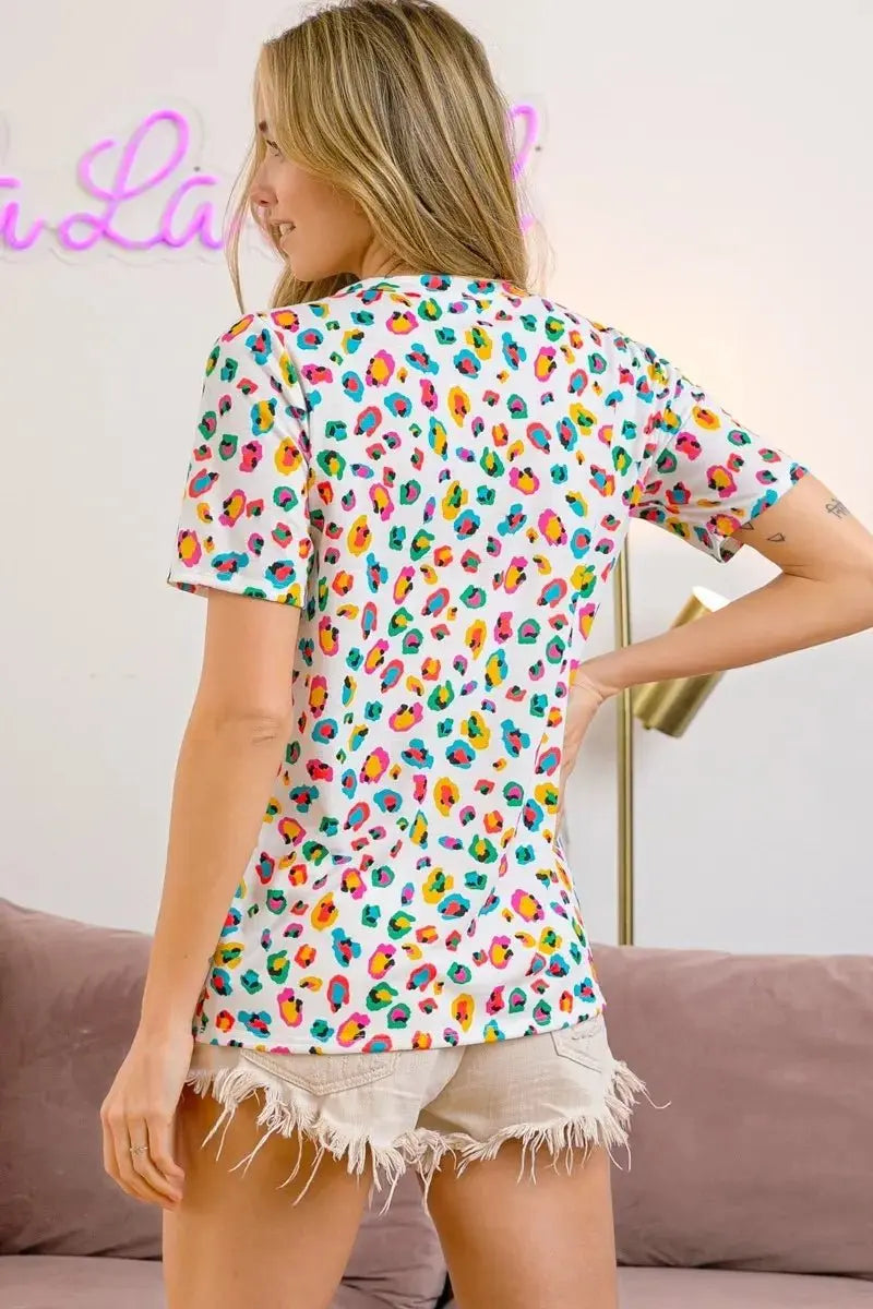 BiBi Multi Color Leopard Jersey Shirred V Neck Top For Women - Love Salve 