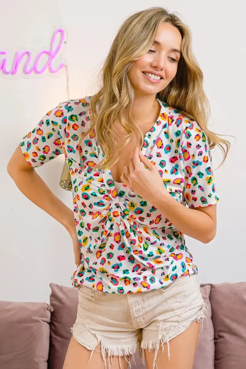 BiBi Multi Color Leopard Jersey Shirred V Neck Top For Women - Love Salve 