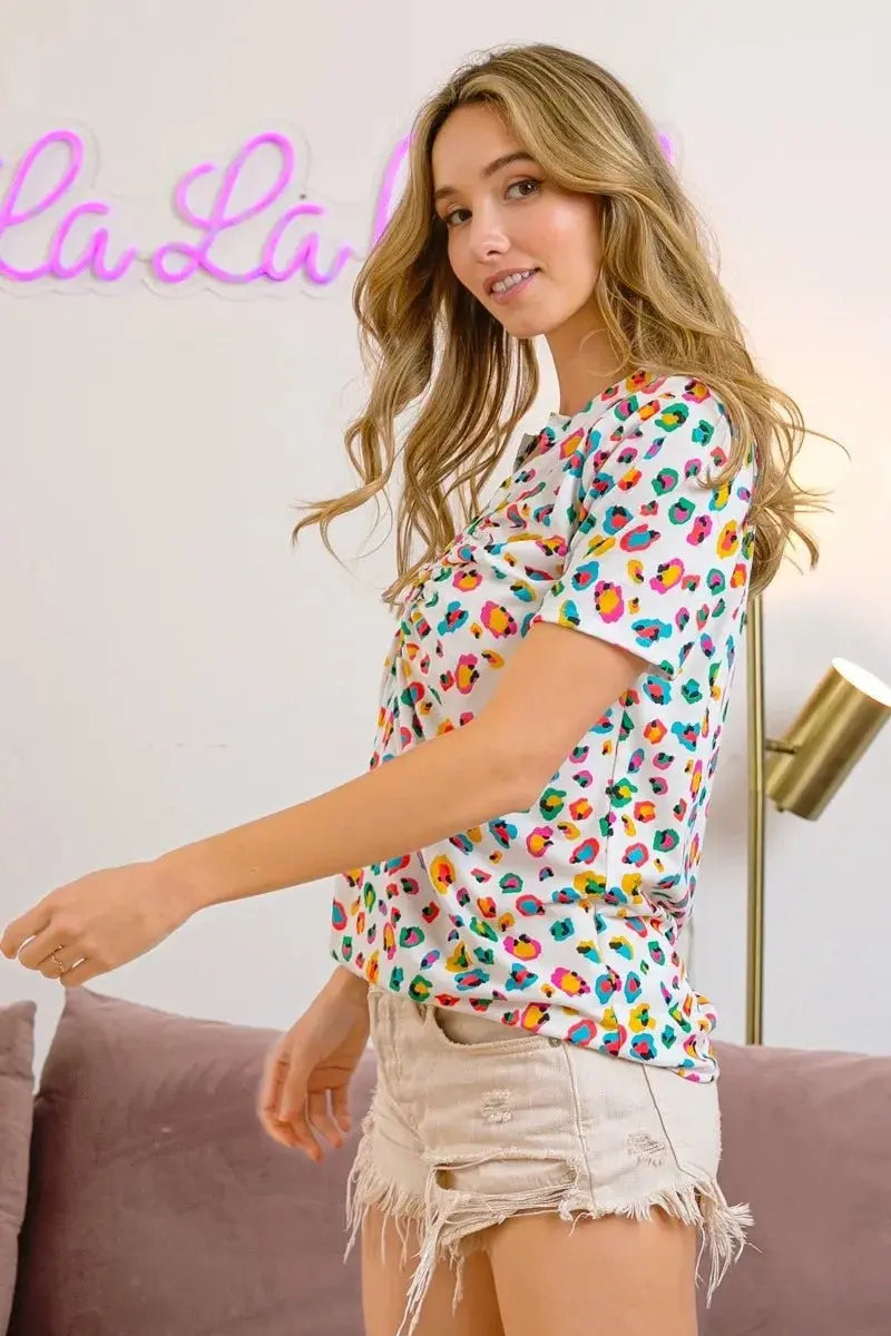 BiBi Multi Color Leopard Jersey Shirred V Neck Top For Women - Love Salve 