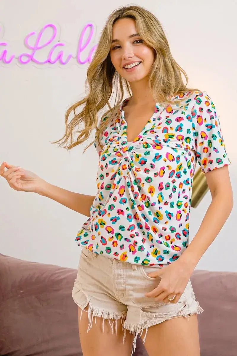 BiBi Multi Color Leopard Jersey Shirred V Neck Top For Women - Love Salve 