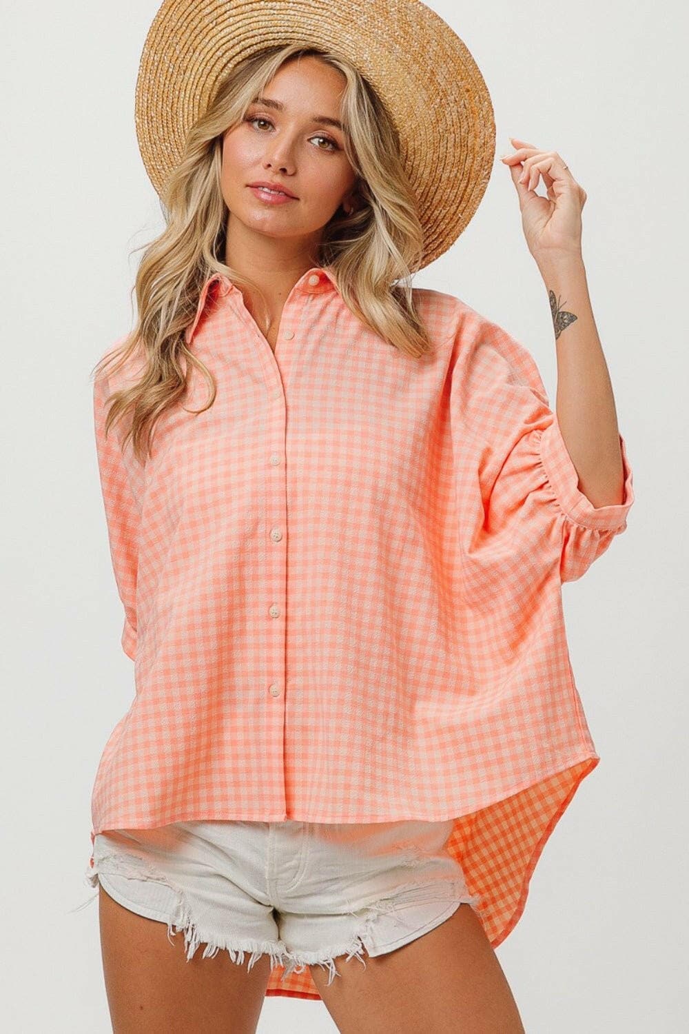 BiBi Plaid Button Up Dolman Sleeve Shirt - Love Salve