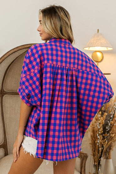 BiBi Plaid Button Up Dolman Sleeve Shirt for Women - Love Salve 