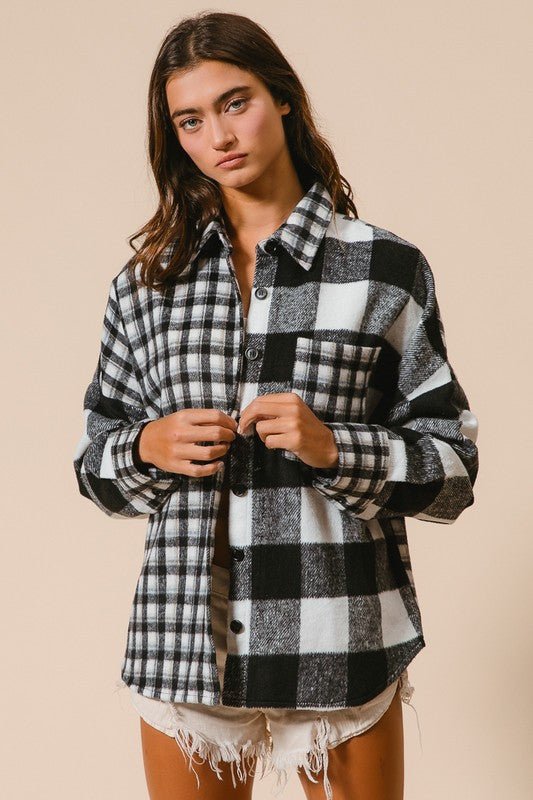 BiBi Plaid Fleece Button Down Long Sleeve Shirt for Women - Love Salve 