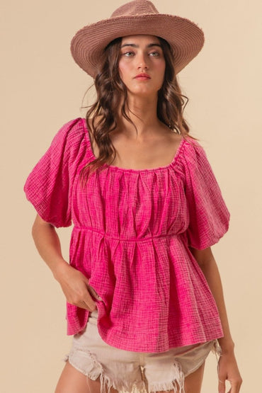 BiBi Pleated Puff Sleeve Washed Blouse for Elegant Style - Love Salve 