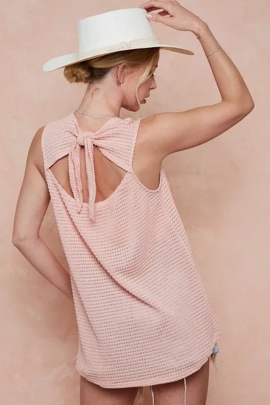 BiBi Popcorn Waffle Open Back Top with Tied Ribbon Chic - Love Salve 