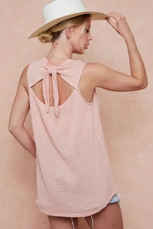 BiBi Popcorn Waffle Open Back Top with Tied Ribbon Chic - Love Salve 